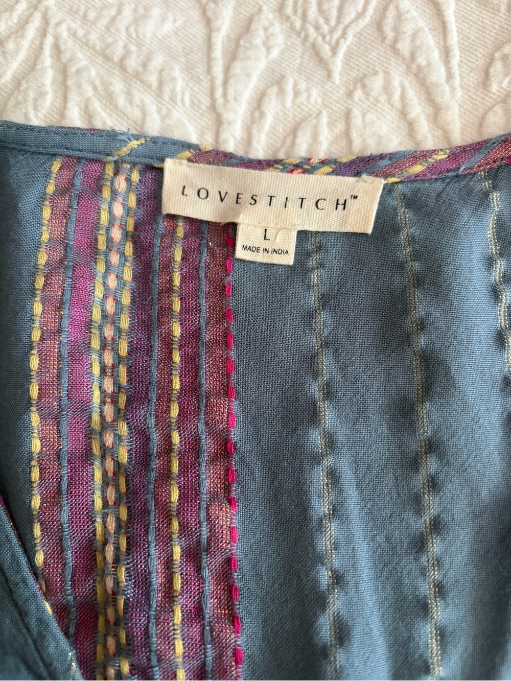 Lovestitch Blue Metallic Stripe Front-Tie Blouse - size Large - boho woven top - Picture 8 of 15